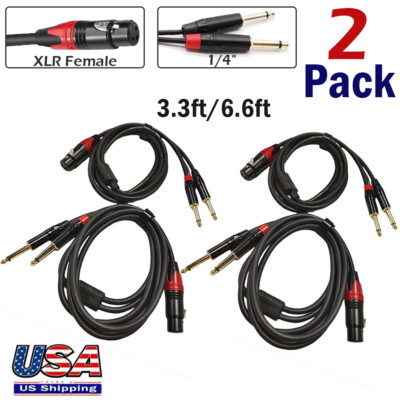 2Pcs XLR Female to Dual 1/4'' 6.35mm TS Mono Y Splitter Microphone Cable 1m/2m