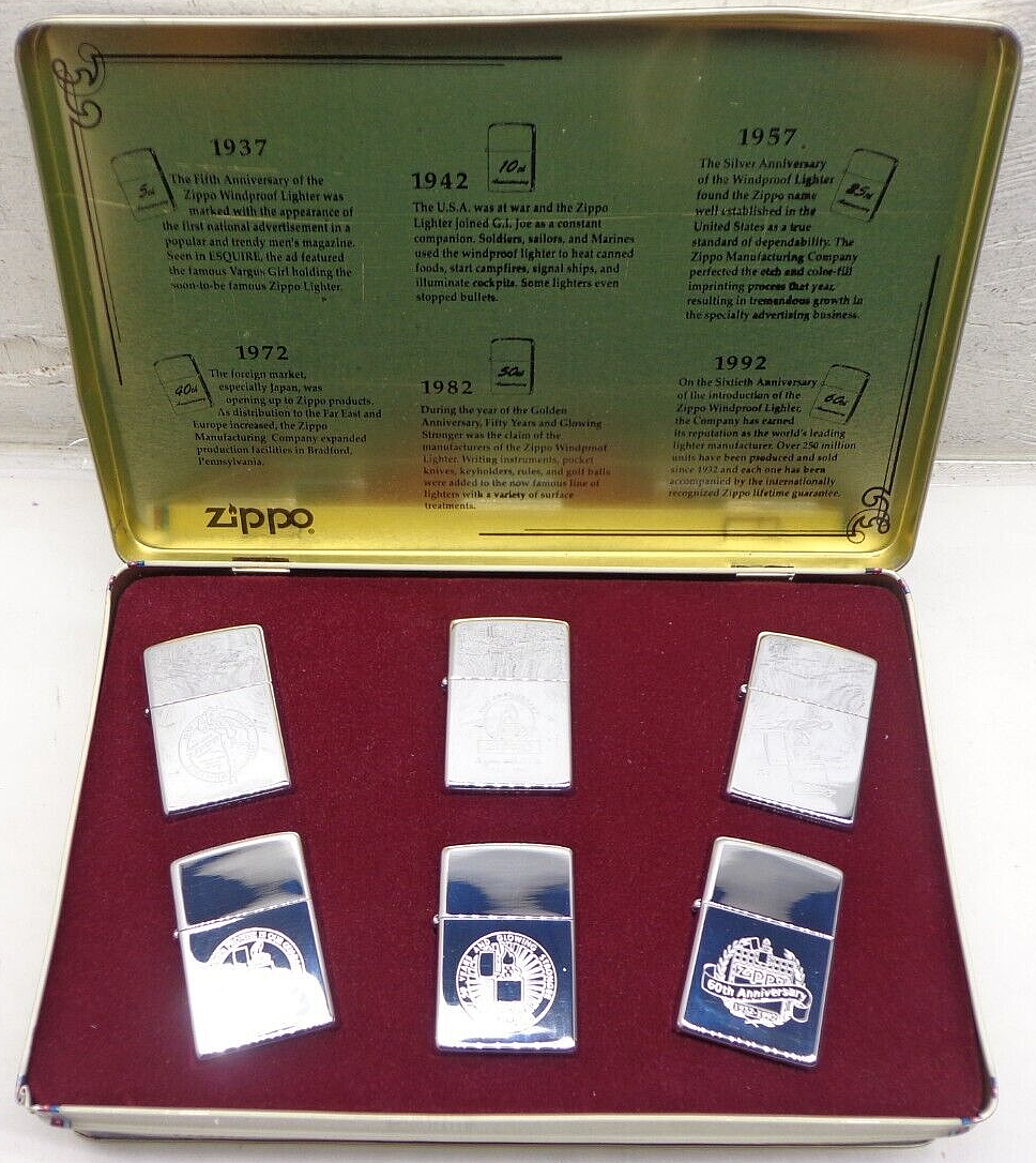 NEW UNFIRED ZIPPO SET of 6 Anniversary Series 1932-1992 Collectors