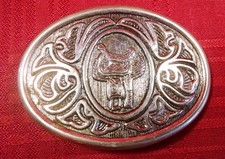 Western Belt Buckle Cowboy Horse Saddle Silver Tone Oval Metal Avon Vintage