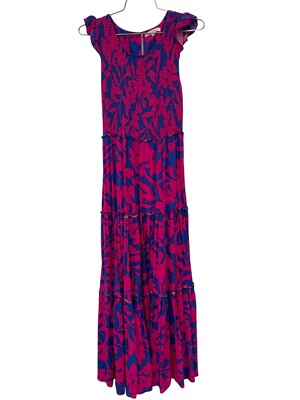 Abel The Label Floral Tiered Smocked Maxi Dress Womens M Pink Blue Cottage Boho