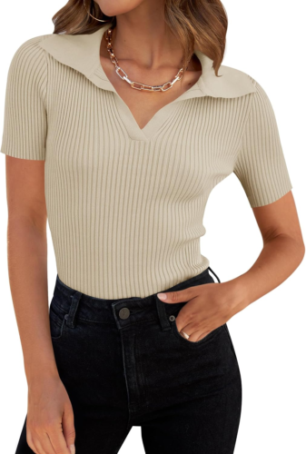 Women'S Short Sleeve V Neck T Shirts 2025 Summer Ribbed Knit Slim Fitted Basic S