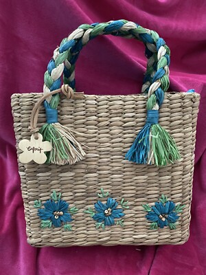 Straw Tote Bag Straw beach Embroidered Flowers purse Hand Vintage Lime Turquoise
