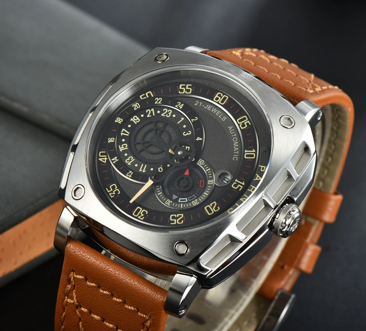 NEW 47mm Parnis Black Dial Sapphire Leather Band Miyota 8219
