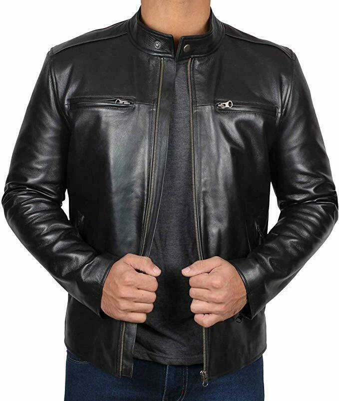 Men's Genuine Lambskin Leather Jacket Black Moto Biker Racer Coat Casual Wear
