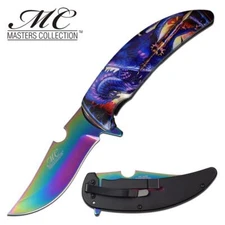 Spring-Assist Folding Knife | Rainbow Mirror Blade 4" Blade Dark Fantasy Dragon