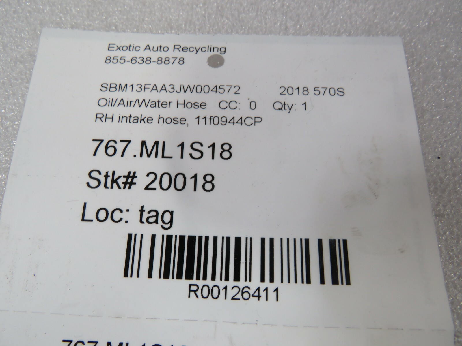 Mclaren 570s, RH, Right, Intake Hose, Used, P/N 11f0944CP