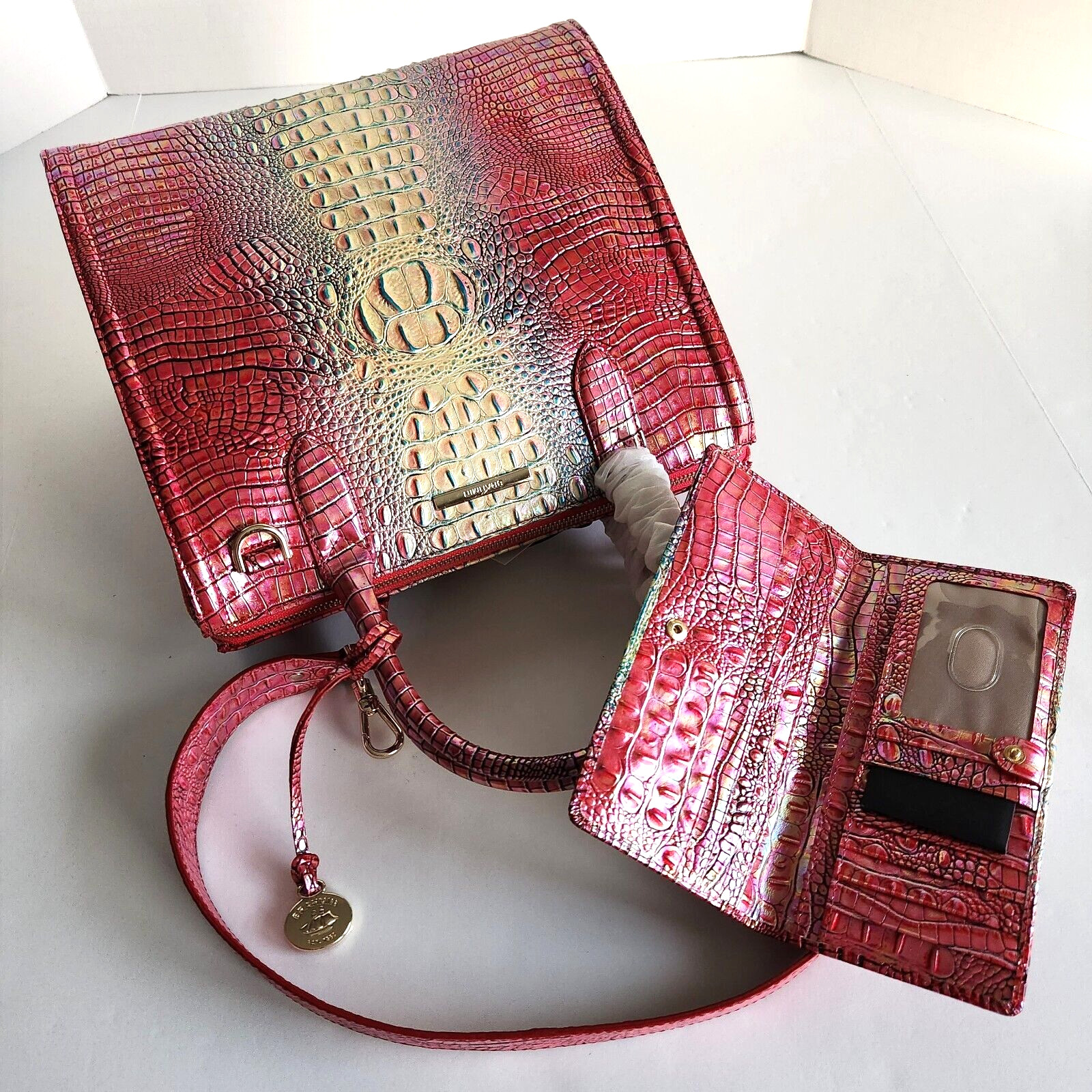 🌹Brahmin Caroline Satchel Dragonfruit Ombre Leather Bag+Bifold Wallet NWT***HTF image 2