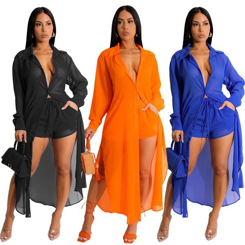 LIQUIDACIÓN - Color Naranja, Talla L - Conjunto de 2 piezas de camisa larga y pantalones cortos abiertos con botones - Imagen 5 de 8