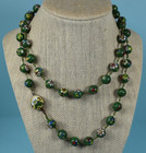 Cloisonne' Beaded Necklace Green Floral Enamel Hand Knotted 34"