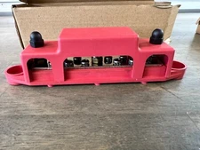 48V DC  Black 5/16" 4 Stud Power and Ground Distribution Block with Cover M8 Red