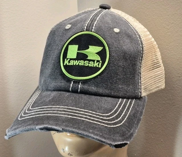 Kawasaki ATV Trucker Hat Distressed Black & Khaki Mesh Kawasaki Motorcycles