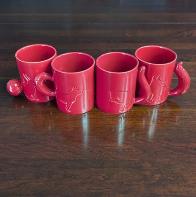 Set of 4 Red Animal Tail Mug Dog Cat Fox Bunny Rabbit Nature Contemporary 10 oz
