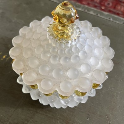 Antique Hobbs Frances Ware Hobnail Dew Drop FrostedGlass Amber covered Dish TRFR