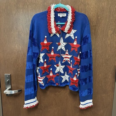 Jack B Quick Americana Santa Stars Christmas Sweater Women s L Vintage 90s USA