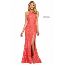 NWT Sherri Hill 53361 Coral Stretch Lace High Slit Halter Gown Dress Size 8