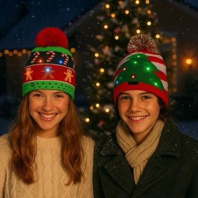 MB MÜLLER 2er Set LED Mütze Lebkuchen & Tanne Weihnachtsmütze Strickmütze Weihnachten