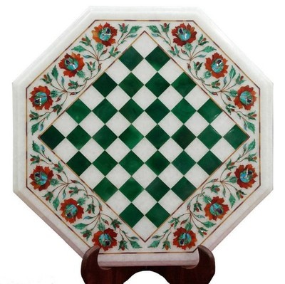 Luxury Handcrafted Marble Inlay Chess Board   Octagonal Pietra Dura Table Top