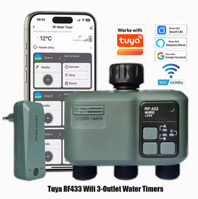 Tuya WiFi RF433 Smart Garden Water Timer 3 Way Irrigation Controller Rain Delay