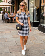 Michael Kors Black White Gingham Dress Round Neck Cold Shoulder Stretchy Size M