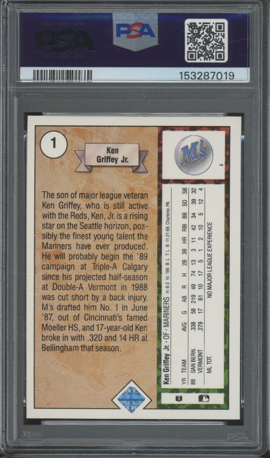 1989 Upper Deck #1 Ken Griffey Jr Autograph RC Rookie PSA Authentic 8 Auto view 2