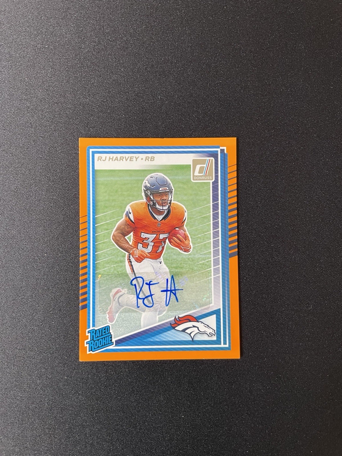 2025 Donruss Football RJ Harvey - Rated Rookie Auto Orange Color Match Broncos