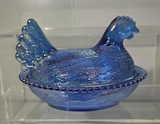 Exclusive 4.5" Blue Carnival Glass Hen on Nest Imported Electroplated