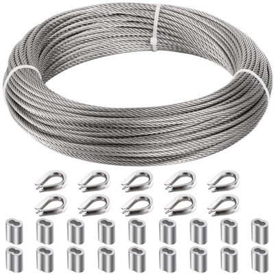 100 FT 1/8 Inch Wire Rope Stainless Steel Cable 18 PCS Sleeves 10 Thimbles
