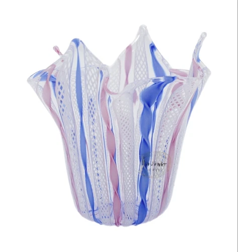 Murano Fazzoletto Latticino Italy Handkerchief Cane Motif Art Glass Vase