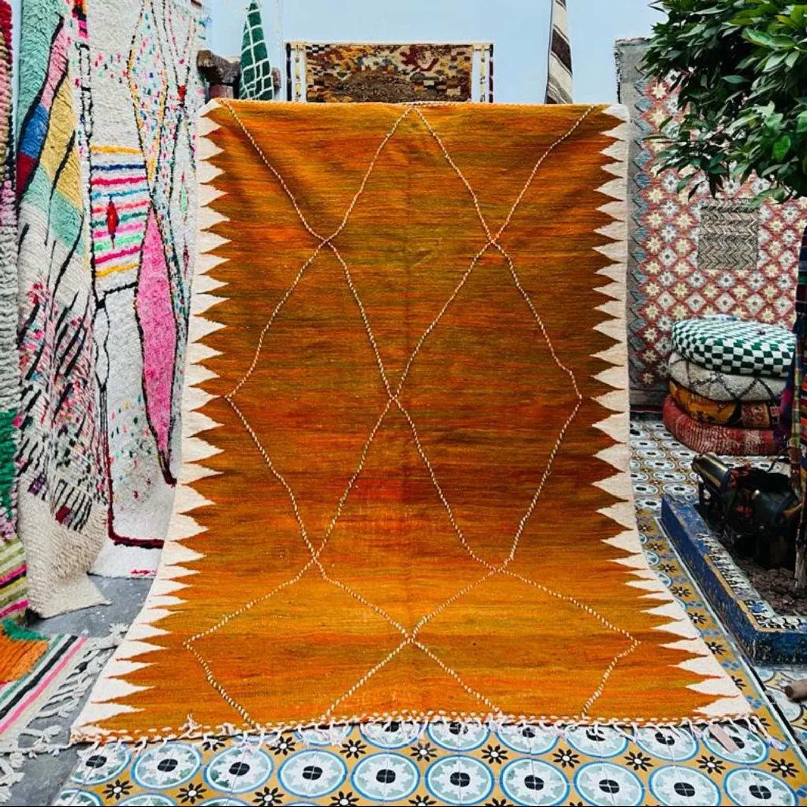 Handmade Orange Moroccan Rug: Tribal Berber Wool Carpet