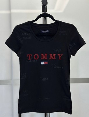 Tommy Hilfiger Damen T-Shirt S Schwarz Kurzarm Rundhals Logo Strass
