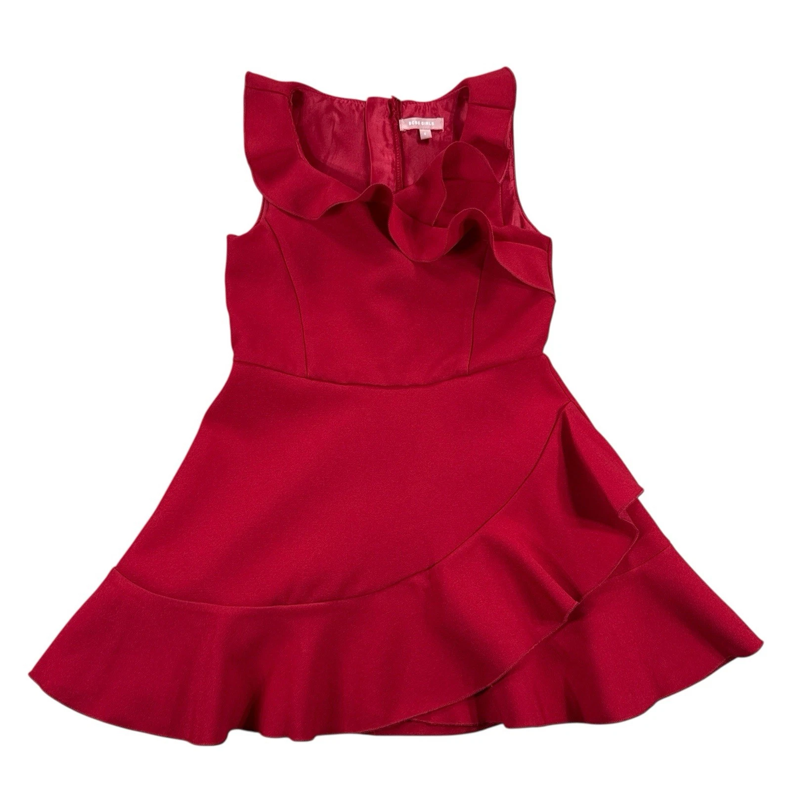 BCBG Girls Dress Size 6 Red Twill Ruffle Holiday Special Occasion Zippered