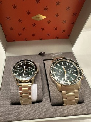NEW Fossil Golden Green Chronograph Stainless Steel Couples Watch Set BQM2754SET