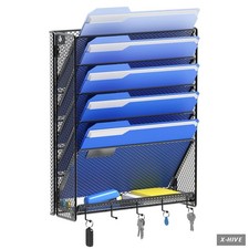 Hanging Wall File Organizer 6 Tier Vertical Wall Mount File Rack with Hooks