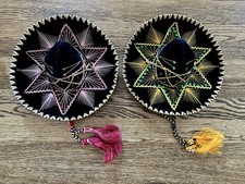 Two 8  Vintage Mini Sombrero Souvenir From Mexico Pink Green Decorative Mariachi