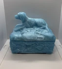 Portieux Vallerysthal Blue Milk Glass Hunting Dog Trinket Candy Dish