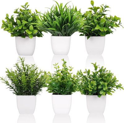 6 Pot Small Fake Plant Flowerpot Artificial Plastic Eucalyptus Plant Wheat Grass