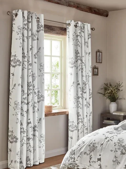 Next Grey Floral Eyelet Blackout Lined Curtains, W168 x Drop 183cm