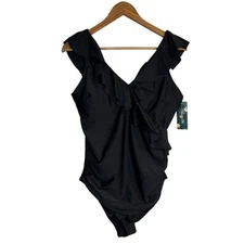 Blooming Jelly Womens Swimsuit XL Black Ruffle Vneck Cinching Slimming One Piece