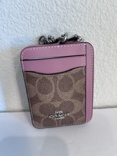 Coach Zip Card Case CW883 Signature Canvas Tan Dusty Pink Chain NWT