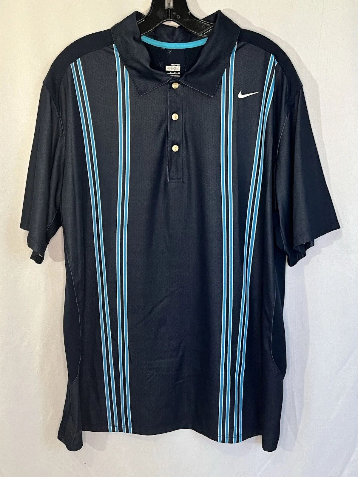 Nike Golf DriFit Polo Shirt XL Navy And Aqua Striped Vented Short Sleeve