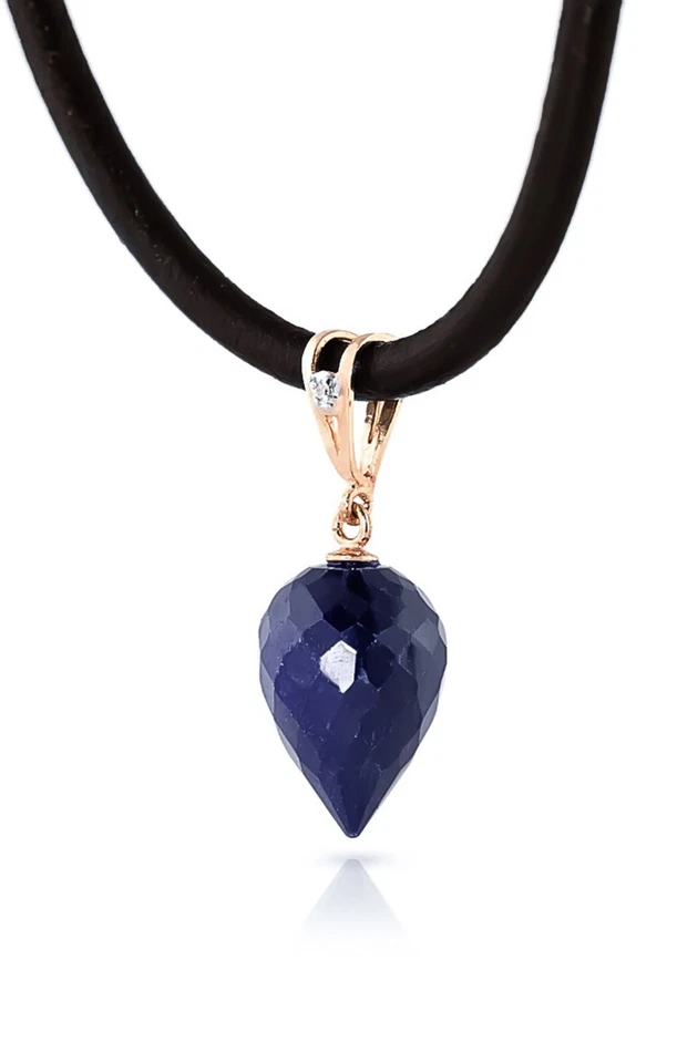 14K. COLLAR ORO MACIZO Y CUERO CON DIAMANTE Y ZAFIRO BRIOLETTE GOTA Foto 2 de 4