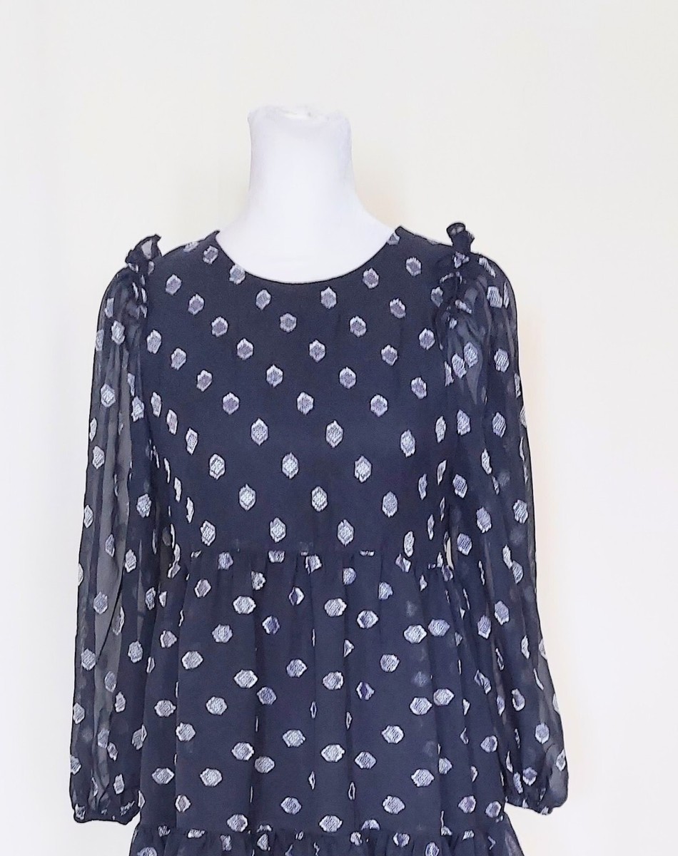 calvin klein blue polka dot dress Calvin Klein Navy Polka Dot Cold Shoulder Ruffle Sleeve Tie Belted Maxi Dress 4
