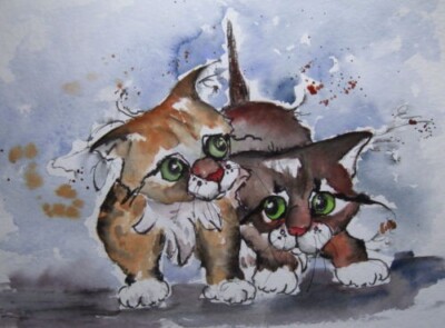 H.Schmidt katze*Geschwisterliebe*chat gato cat  G. Schütte art Aquarell 32x24 cm