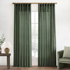 Olive Green Sheer Linen Curtains 102" Long, 2 Panels, Light Filtering Drapes