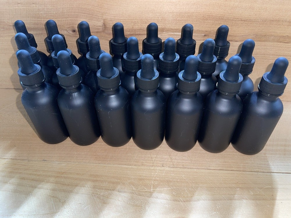 New 2 Oz Black Frosted Glass Bottle With Dropper Lot Of 21 Bottles