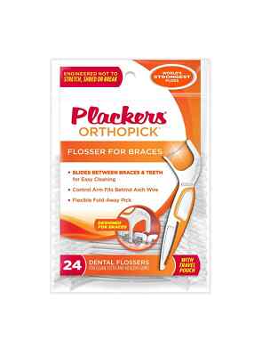 Plackers Orthopick Dental Flossers for Braces 24-count (With Travel Pouch)
