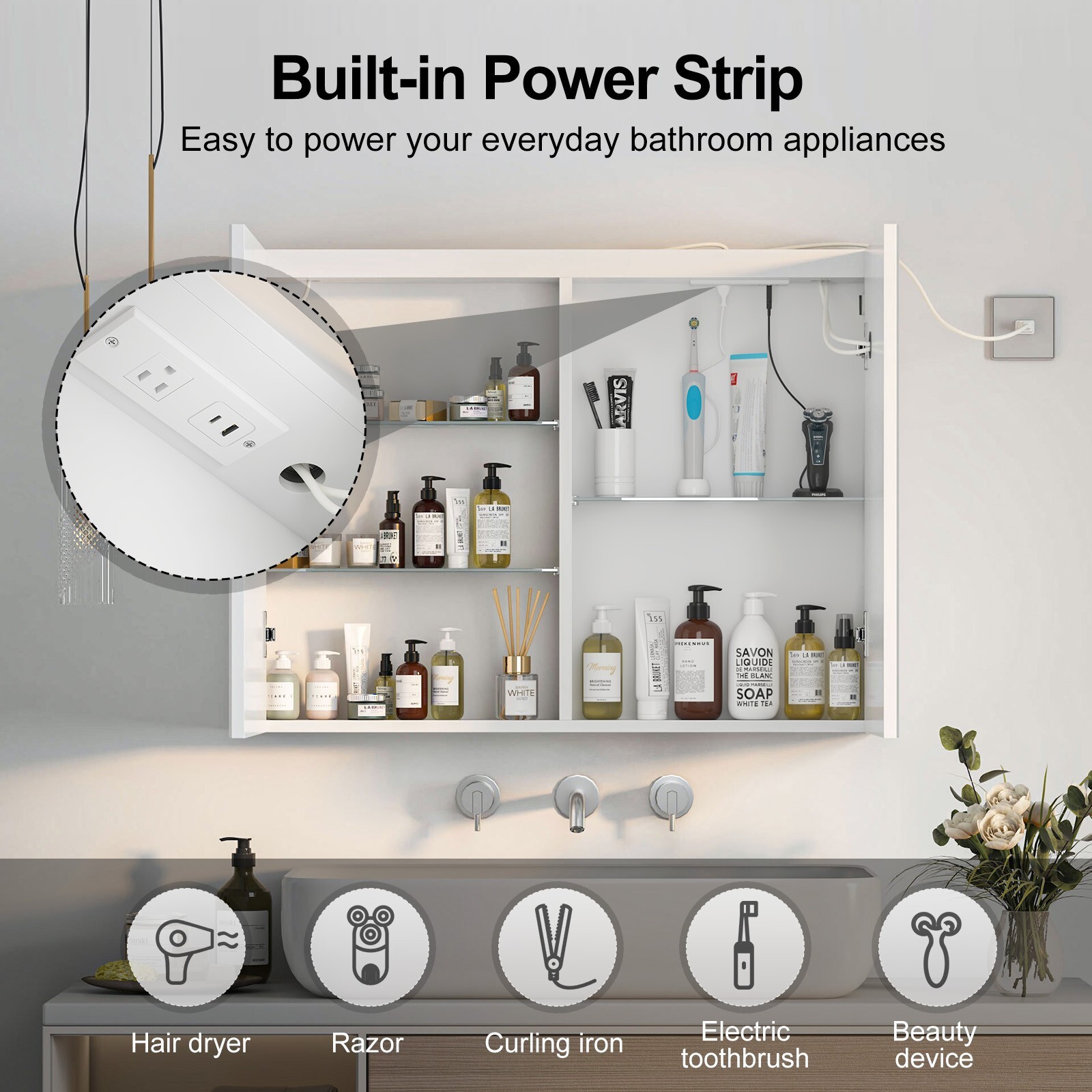 24" x 32" LED Bathroom Medicine Cabinet Lighted Large Mirror Cabinet with Socket