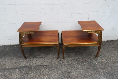 French Hollywood Regency Carved Two Tiers Side End Lamp Tables a Pair 5639