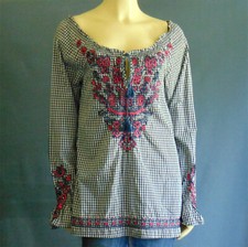 Johnny Was 3J Workshop Navy Check Pink Floral Embroidery Off Shoulder Top Sm