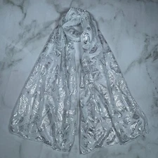 Sheer White Extra-Lightweight Scarf with Metallic Silver Paisley Accents
